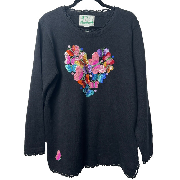 Vintage Quacker Factory Womens L Sweater Embellished Sequins Heart Butterfly A8 - Picture 1 of 6